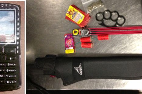 According to the TSA, one traveller was caught with a stun gun disguised as a cell phone today at Newark, while over the weekend a passenger at JFK "took the prize for attempting to travel with the most prohibited items in one piece of baggage when his checked luggage alarmed for fireworks. When the bag was opened, not only were fireworks, which are explosives, found to be in the bag, so were a set of brass knuckles, a machete and a plastic bag containing a green leafy substance that later tested positive for marijuana."